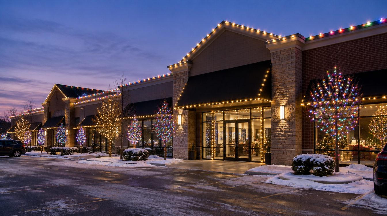 Commercial retail plaza storefront decorated with professional Christmas light installation at dusk