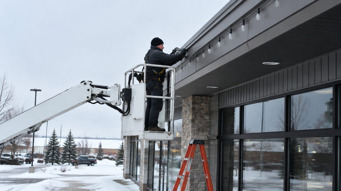 Technician on a lift installing commercial-grade Christmas lights on a business rooftop