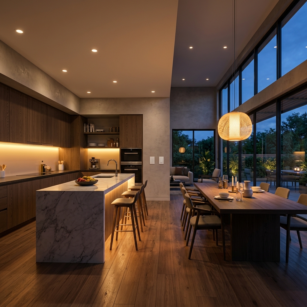 Luxury kitchen with warm smart lighting and under-cabinet LED strips