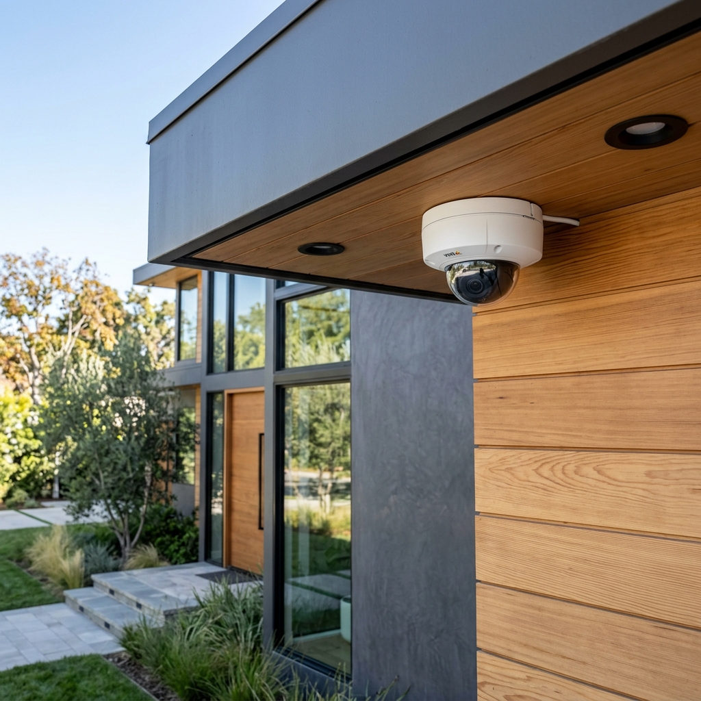 Professional dome security camera installed under the soffit of a modern luxury home exterior with wood paneling