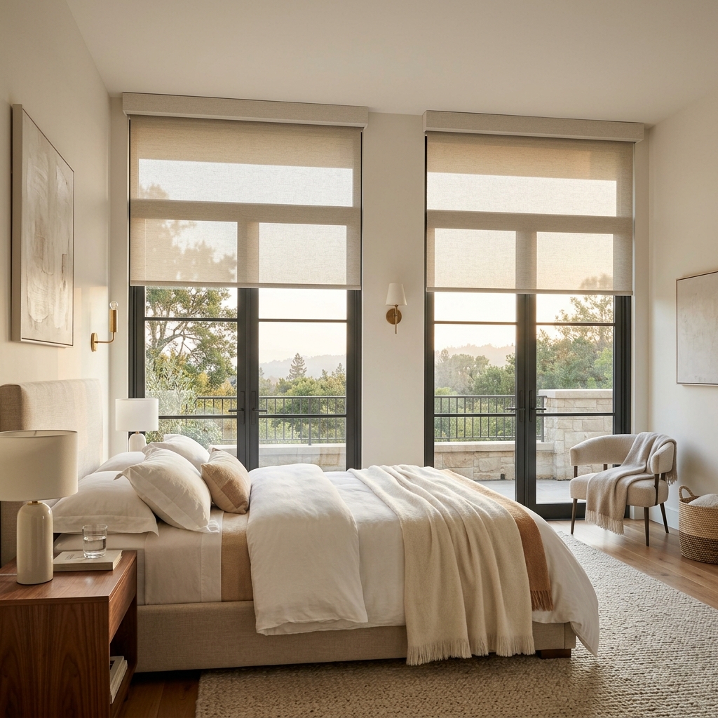 Elegant automatic roller shades in luxury bedroom with natural light