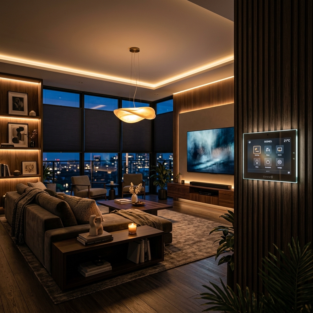 Luxury smart home living room with ambient lighting and wall control panel