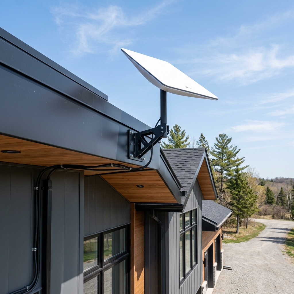 Professional Starlink satellite dish mounting on roof soffit by SmartAura