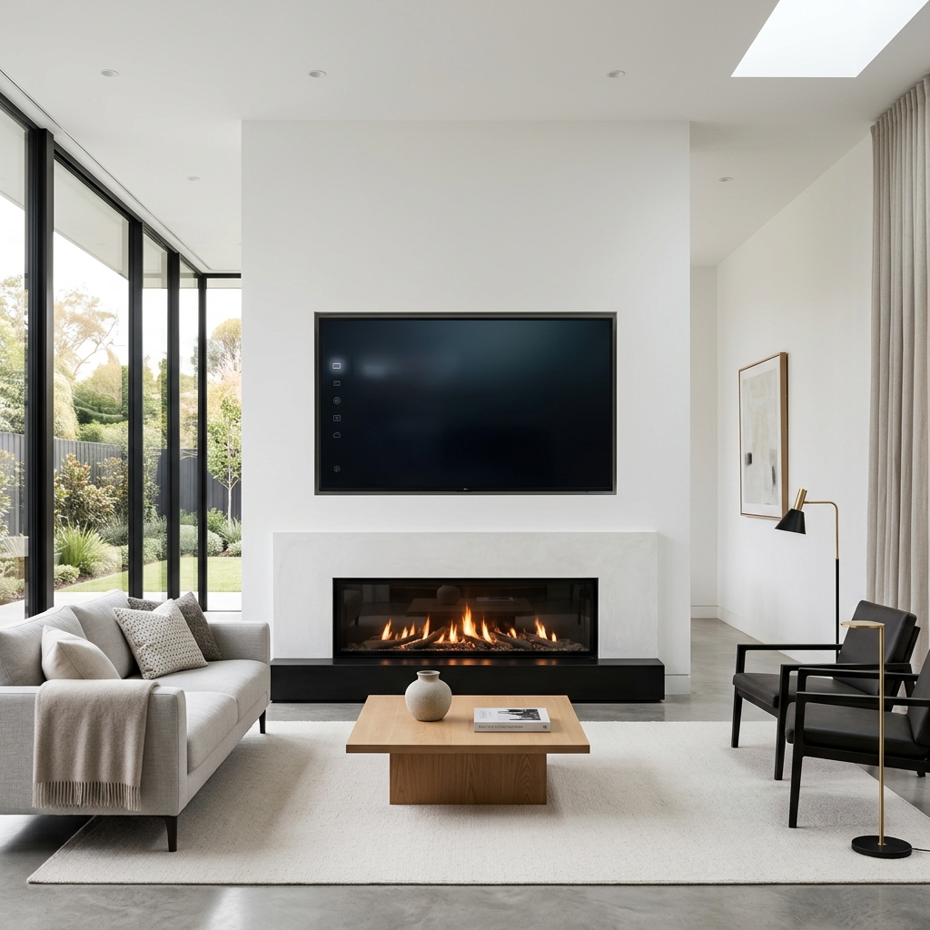 75 inch TV flush mounted above modern fireplace with hidden cables